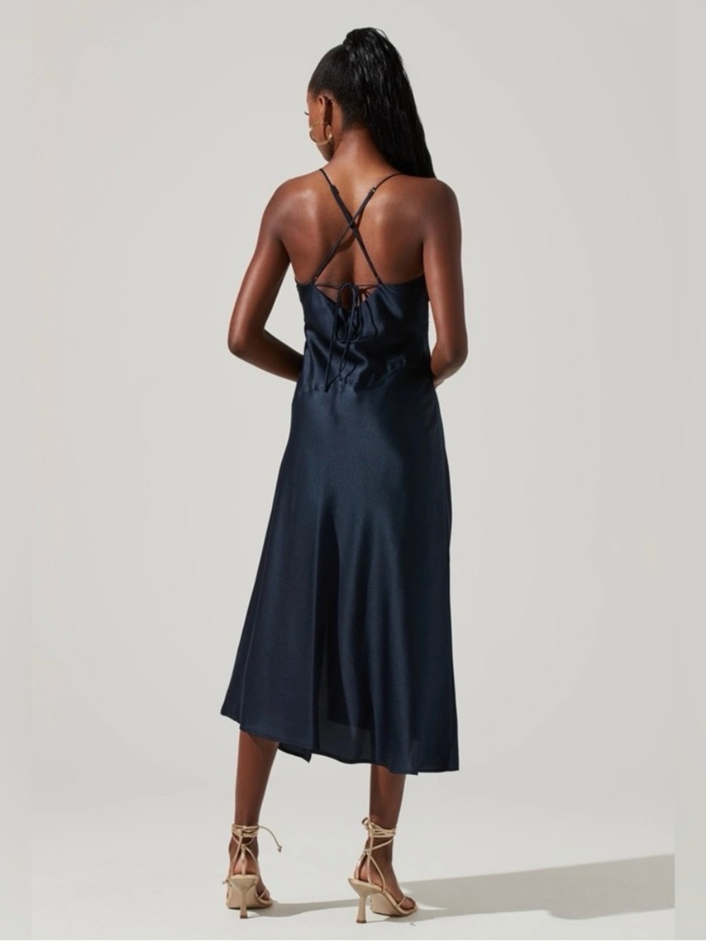 Astr Navy Satin Cowl Midi Dress with High Side Slit - Picture 2 of 7
